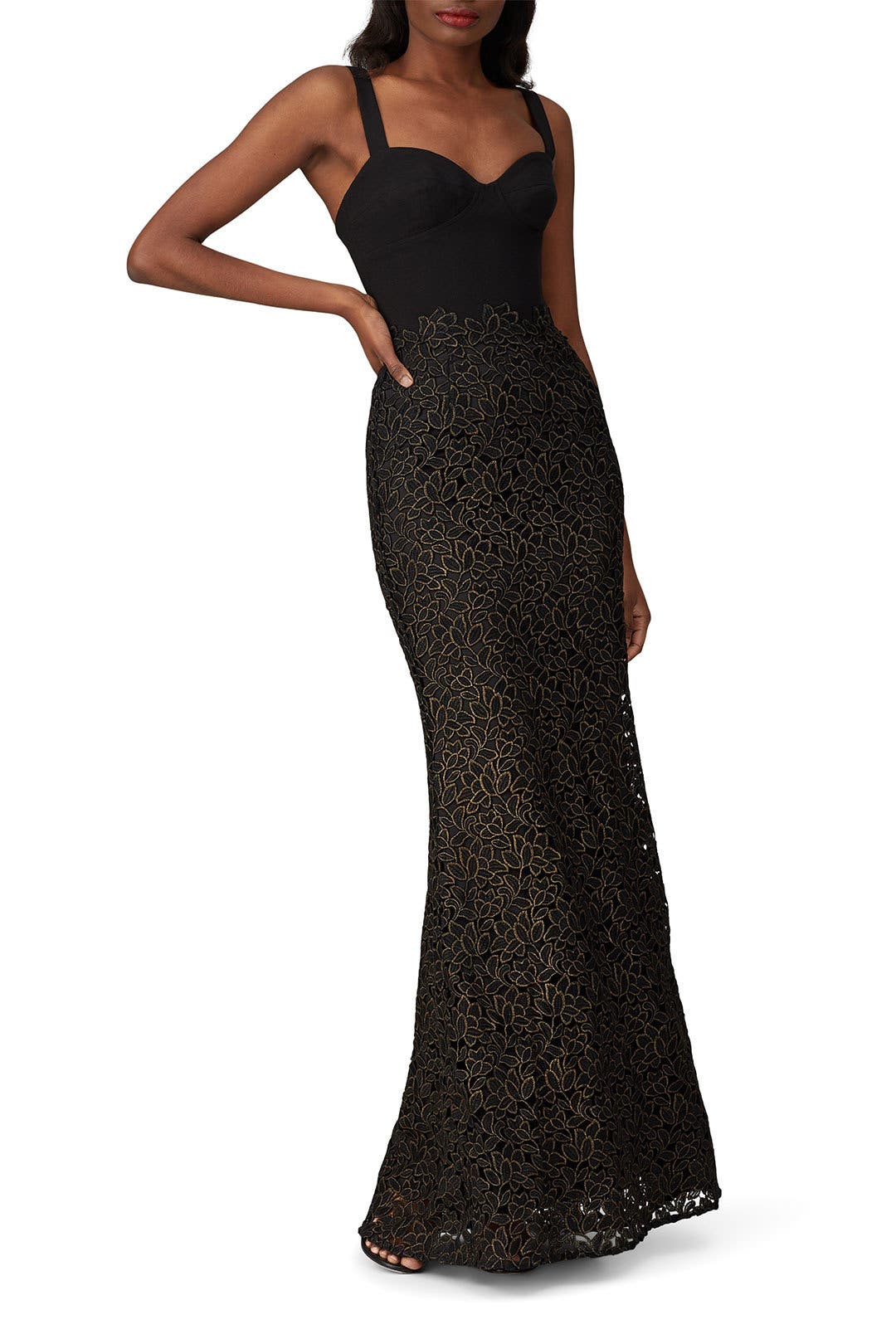 Dress The Population Black Sl Gown With Metallic Lace – Size 10