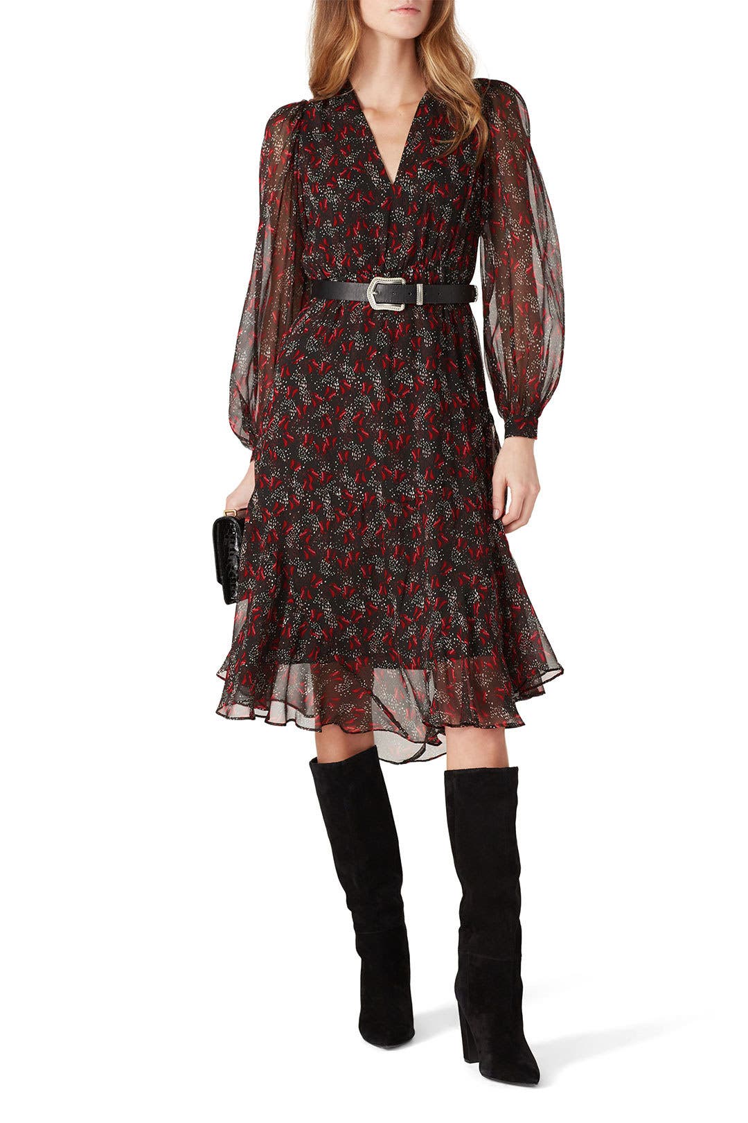 PINKO Bleck/Red Floral Long Slv Midi Dress – Size 10