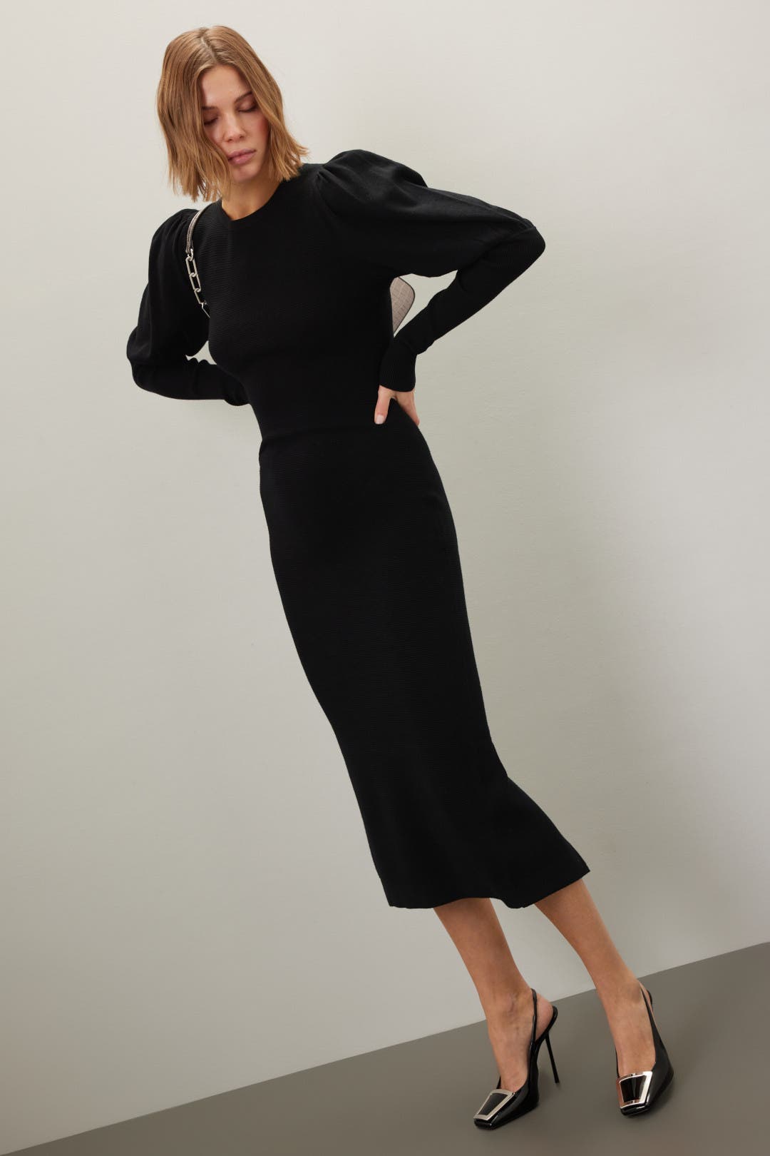 Toccin Black Ribbed Knit Puff Sleeve Midi – Size 12