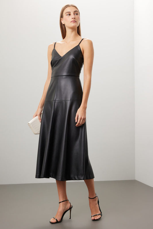 Fifteen Twenty Black Faux Leather Midi Dress – Size 4