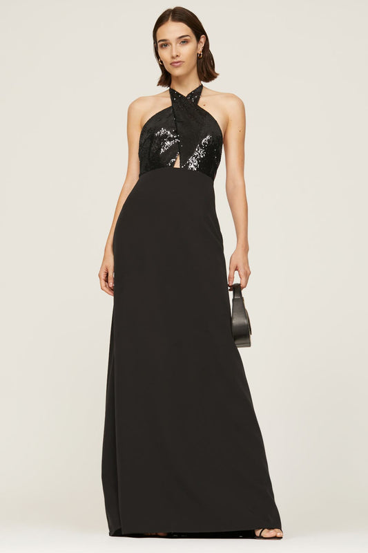 HALSTON Black Crepe Aline Halter Gown With – Size 4