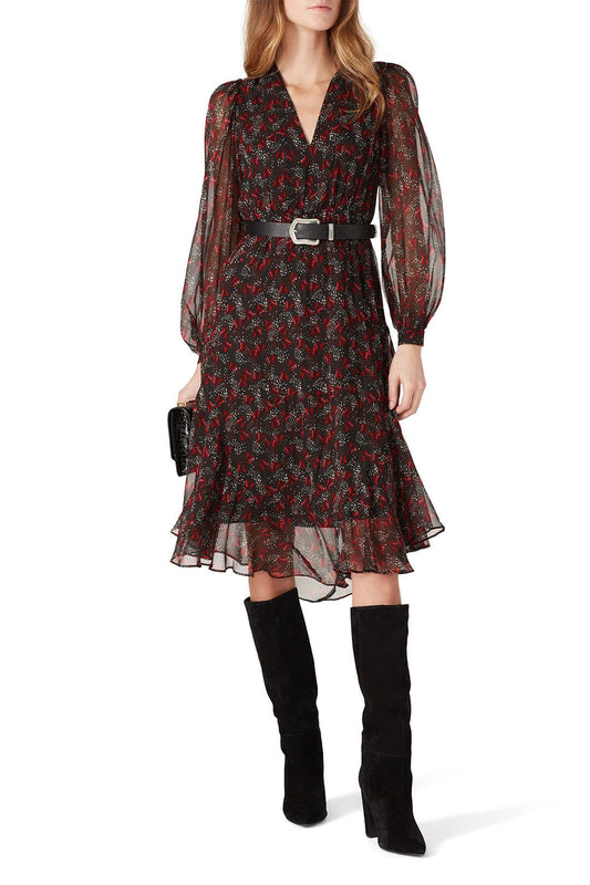 PINKO Bleck/Red Floral Long Slv Midi Dress – Size 10