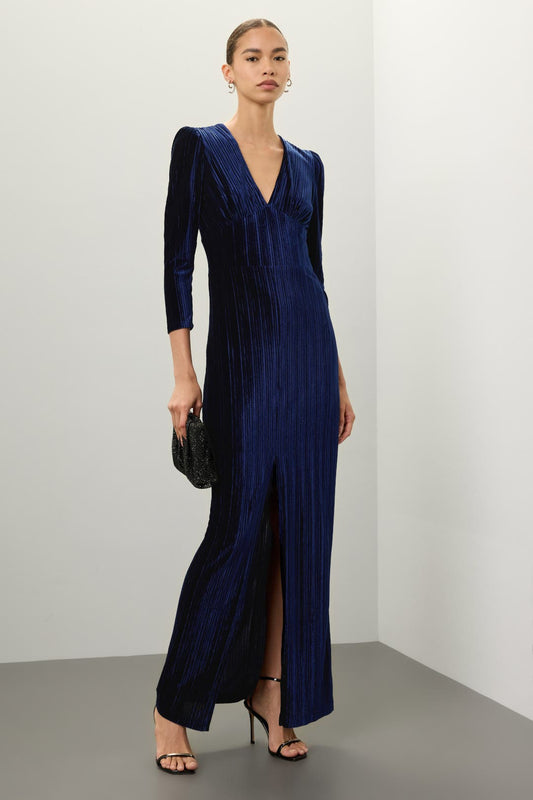 Shoshanna Navy Pleated Velvet Column Gown With – Size 12