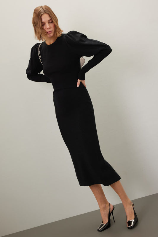 Toccin Black Ribbed Knit Puff Sleeve Midi – Size 12