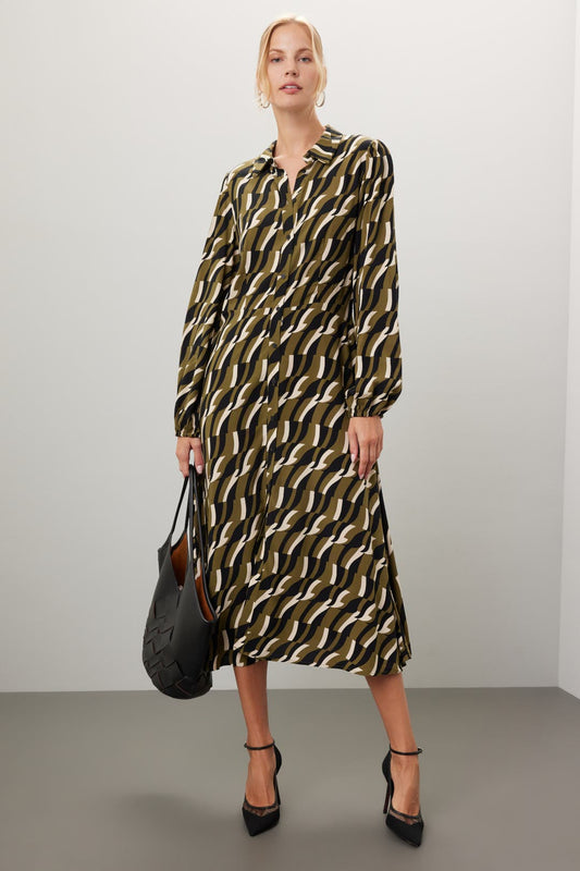 YERSE Olive Green Abstract Long Sleeve Midi – Size 4