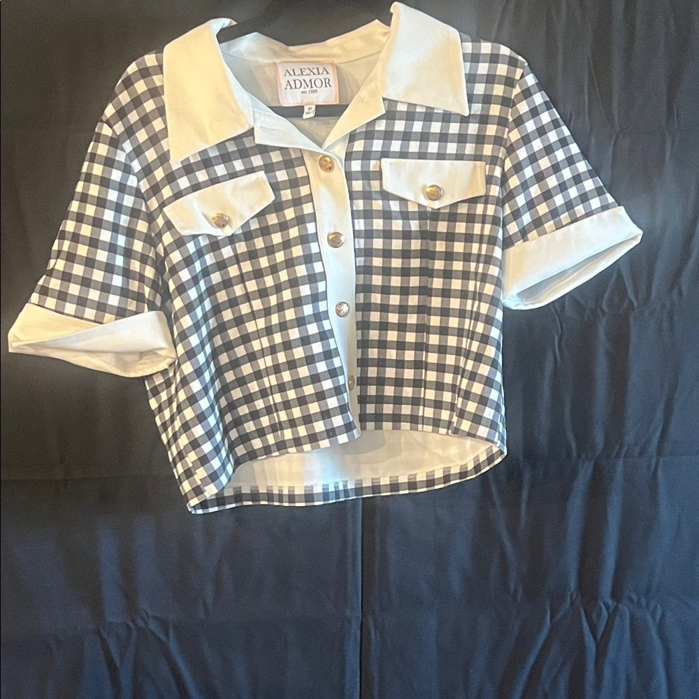 Alexia Admor Navy and White Gingham Button-Up Top