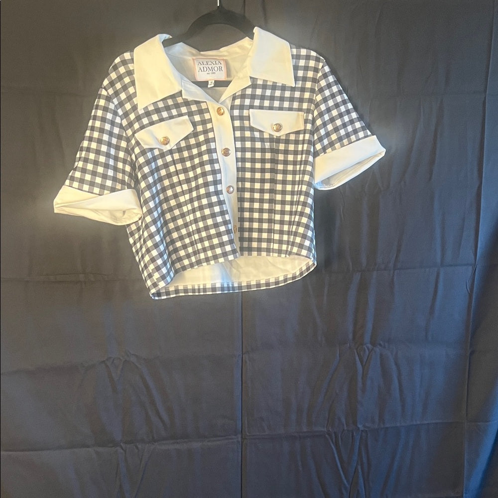 Alexia Admor Navy and White Gingham Button-Up Top