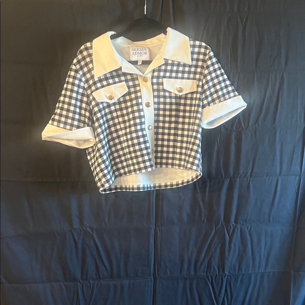 Alexia Admor Navy and White Gingham Button-Up Top