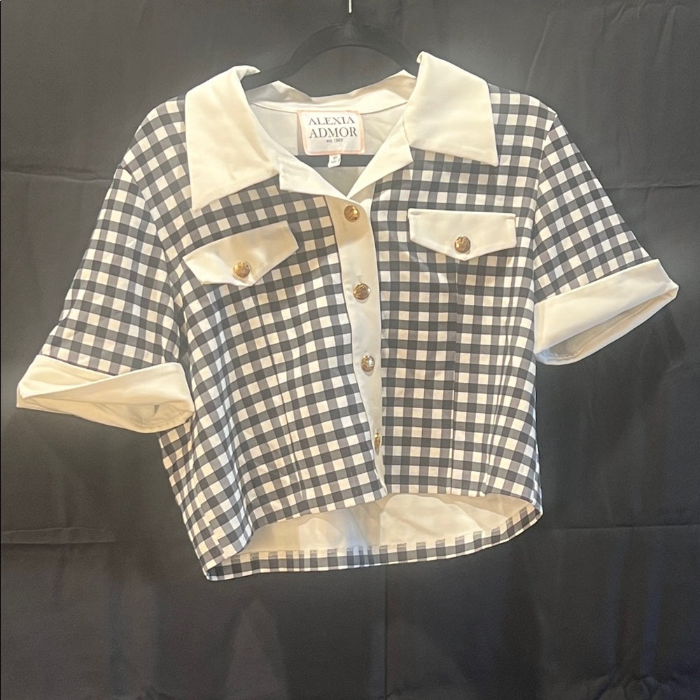 Alexia Admor Navy and White Gingham Button-Up Top