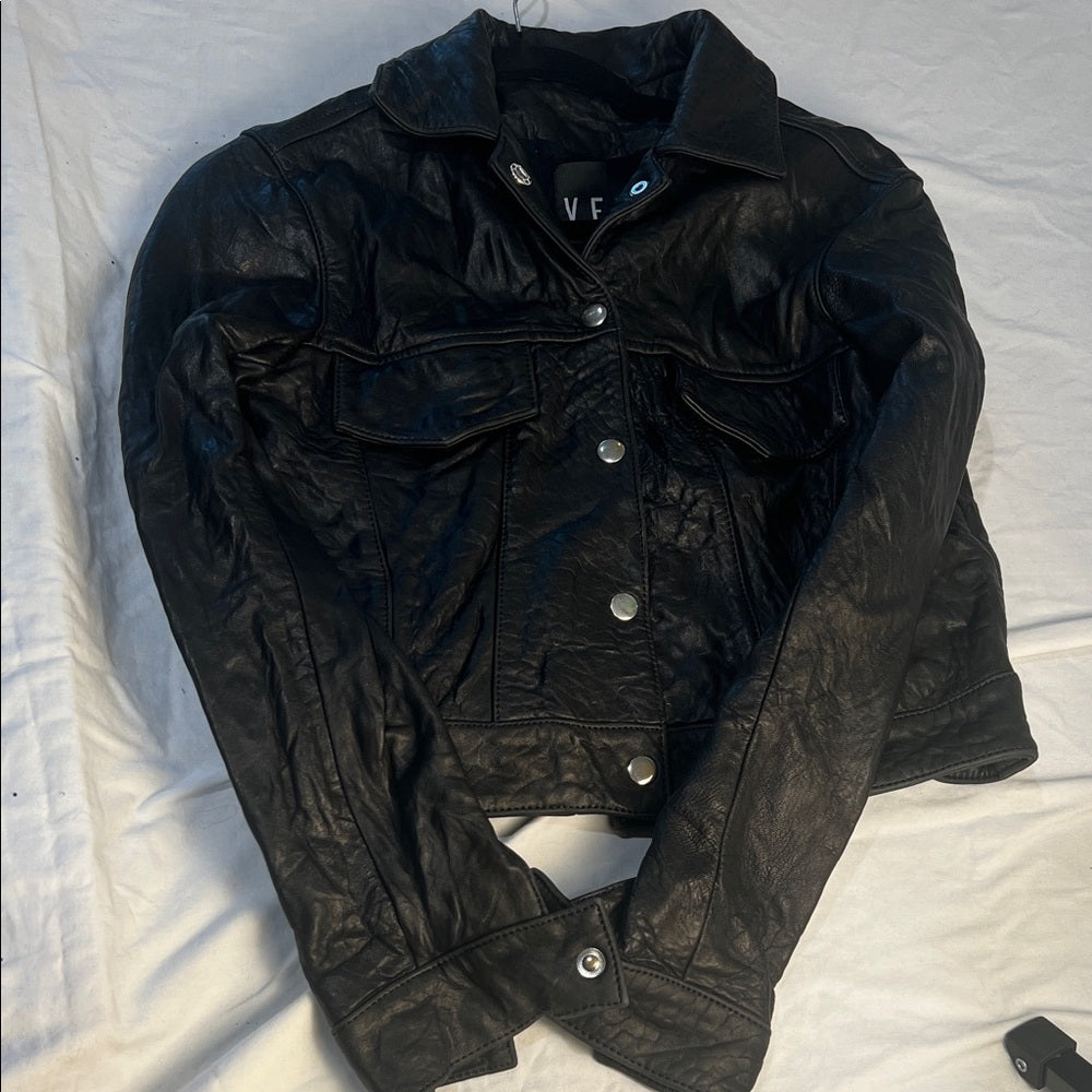 Veda Jet Black Leather Jacket with Silver Snaps