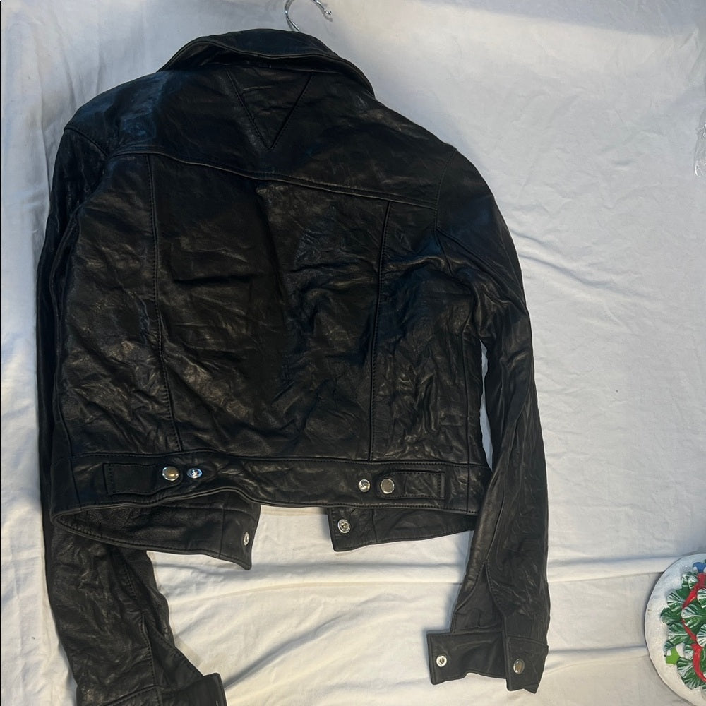 Veda Jet Black Leather Jacket with Silver Snaps