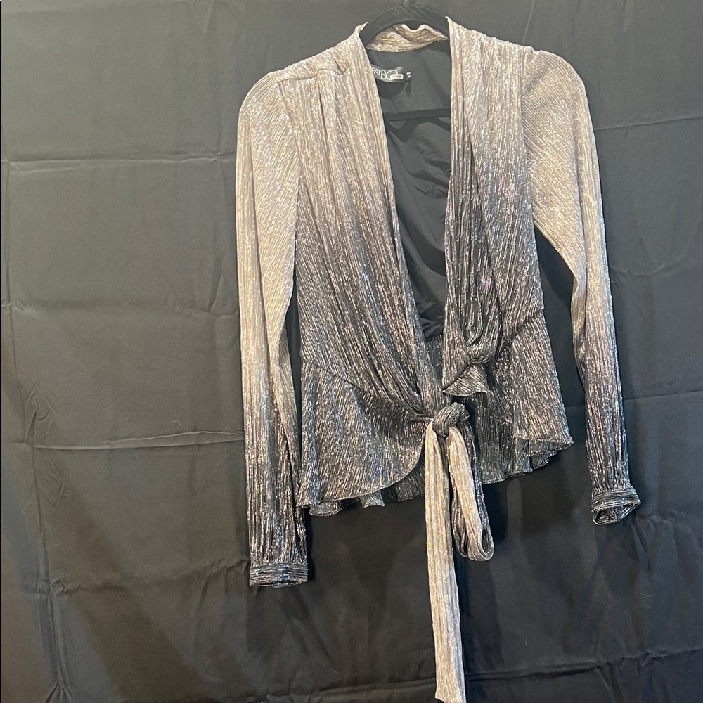 PatBO Metallic Silver Tie-Front Cardigan