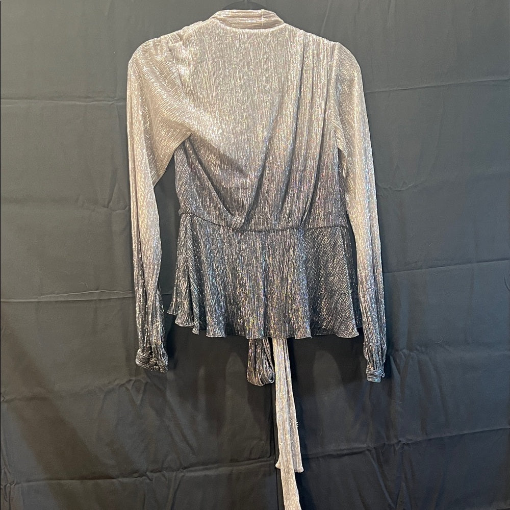 PatBO Metallic Silver Tie-Front Cardigan