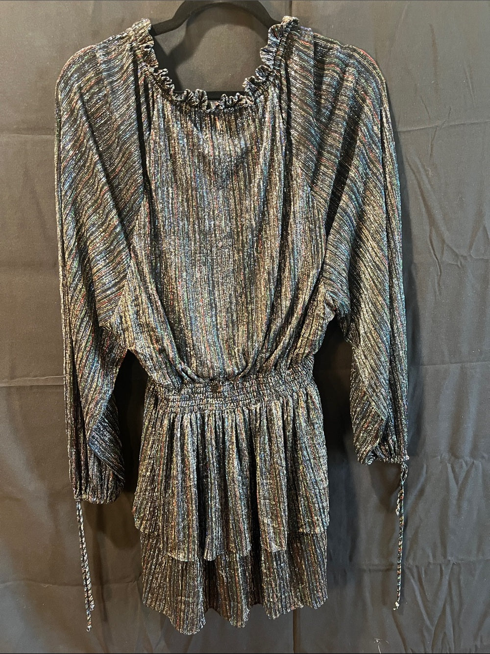 Misa Los Angeles Iridescent Black Multi-Stripe Ruffled Peplum Tunic