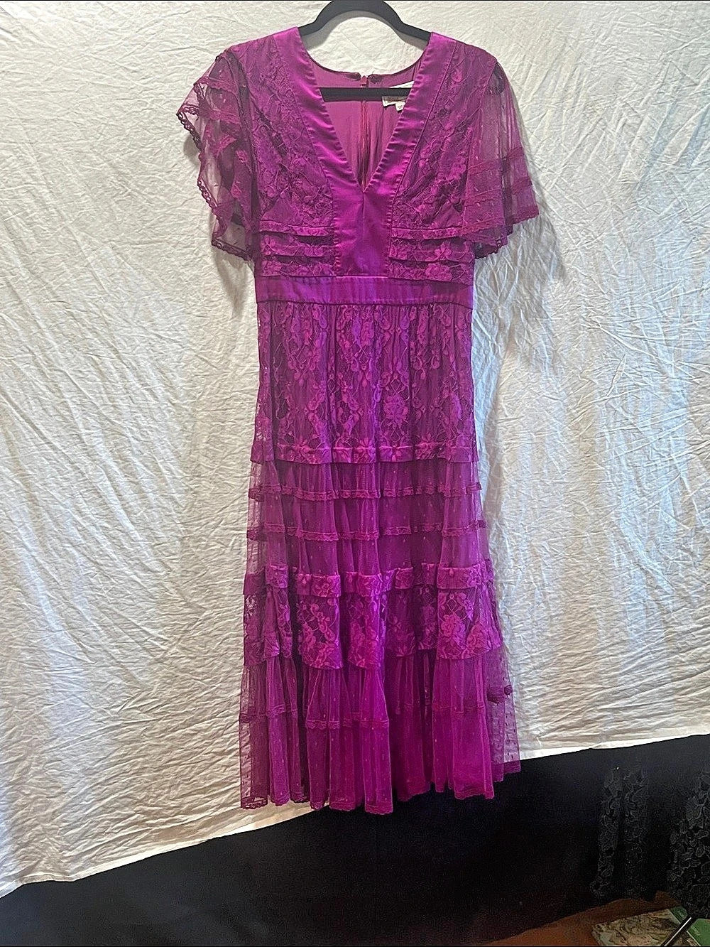 Temperley London Magenta Purple Florence Lace Flutter Sleeve Tiered Midi Dress 6