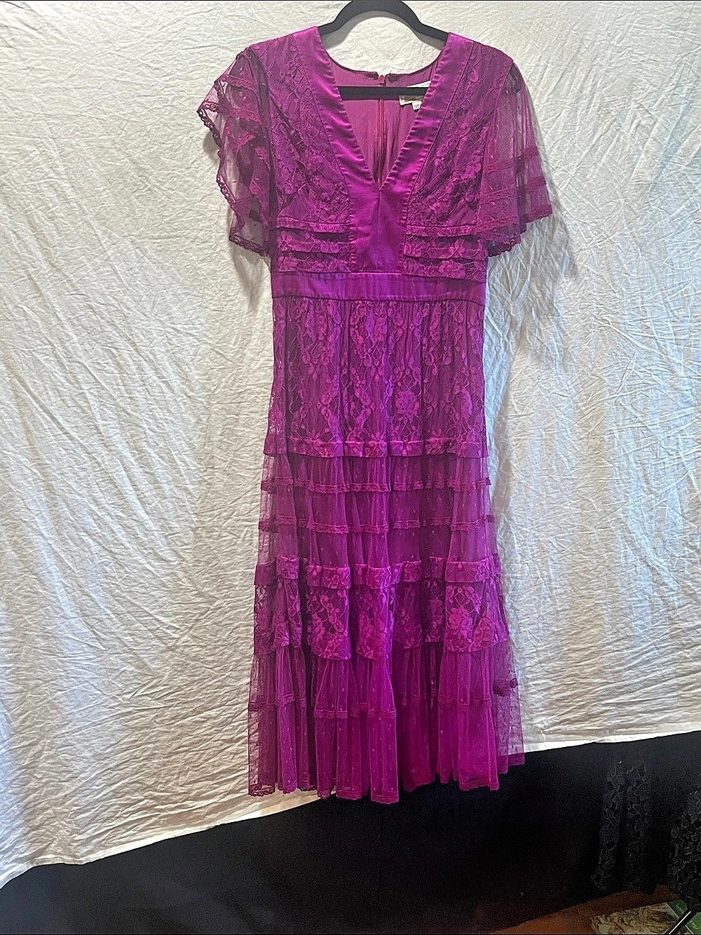 Temperley London Magenta Purple Florence Lace Flutter Sleeve Tiered Midi Dress 6