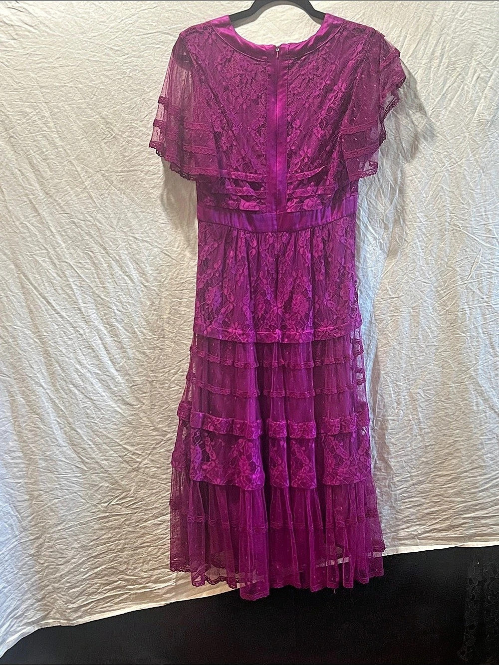 Temperley London Magenta Purple Florence Lace Flutter Sleeve Tiered Midi Dress 6